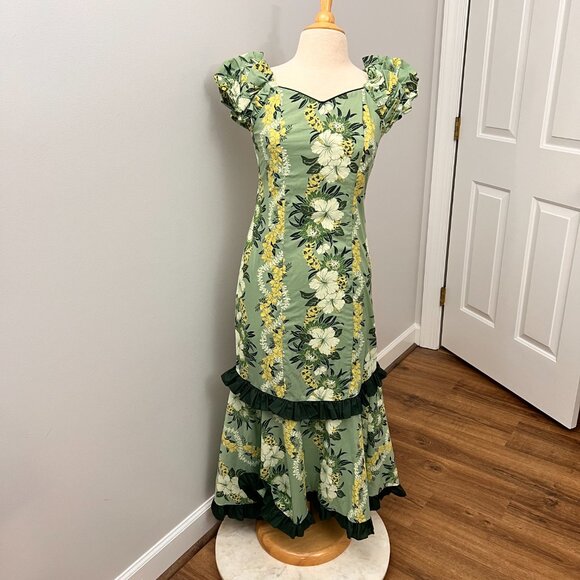 Vintage Hoku Hawaii Hibiscus Green Traditional Muumuu Dress Sz S - Picture 11 of 12